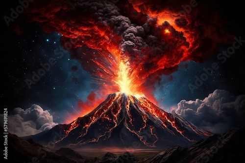 Volcano eruption, lava flows AI genereted