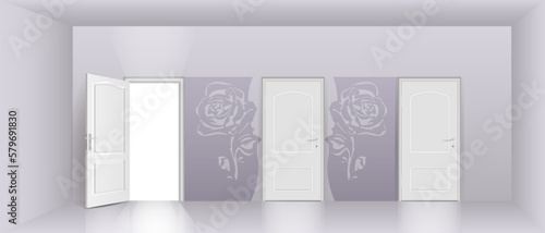 The interior of an empty, bright room with a door.
Free space for copying, 3d vector image.