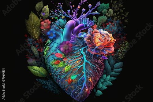 Human heart with flowers, love concept art AI genereted