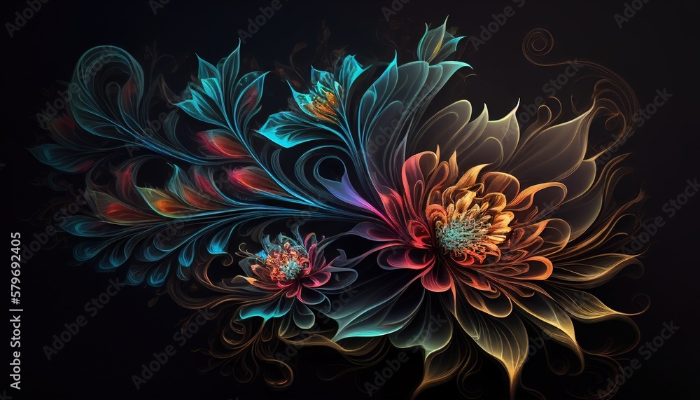 A drawn bouquet of beautiful abstract colorful flowers on dark background close-up illustration generative ai A drawn bouquet of beautiful abstract colorful flowers on dark background close-up illustration generative ai