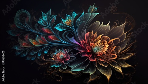 A drawn bouquet of beautiful abstract colorful flowers on dark background close-up illustration generative ai © Natalia