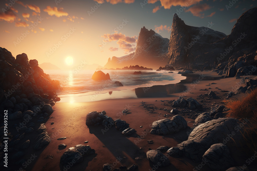 Beautiful sunrise on a rocky beach shore generative AI