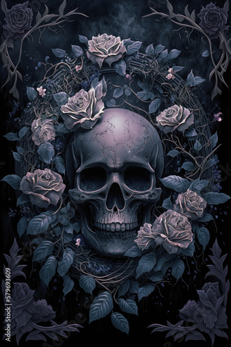 Gothic Skull with Black Roses Dark and Moody Artwork Skull PNG  |  AI Generated