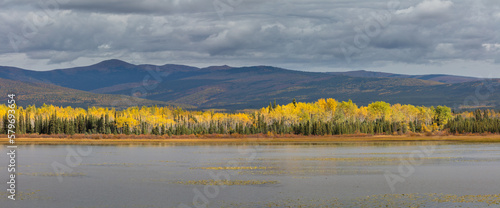 Landscape in panorama format with mountains, lake and boreal forest in autumn colors, Yukon Territory Canada