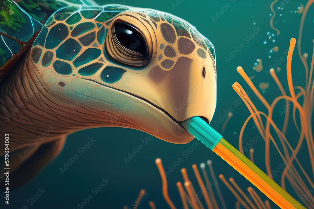 close-up of turtle with plastic straw stuck in its nose It's stark reminder  of the impact of single-use plastics on wildlife AI generation. Stock  Illustration