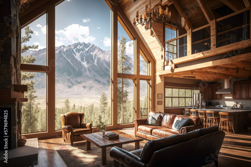 Living room with fireplace, mountain chalet interior. Winter, snowy landscape view out of window. Generative AI photo