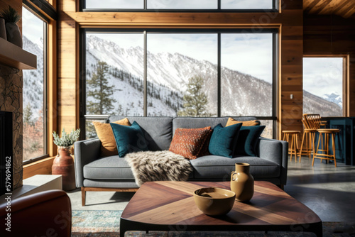 Living room with fireplace, mountain chalet interior. Winter, snowy landscape view out of window. Generative AI photo