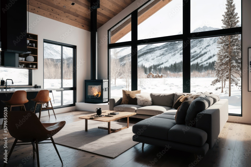 Living room with fireplace, mountain chalet interior. Winter, snowy landscape view out of window. Generative AI Living room with fireplace, mountain chalet interior. Winter, snowy landscape view out of window. Generative AI