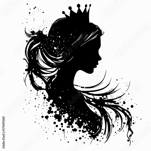 Silhouette of queen face or head side view, young woman bride or lady wear tiara or crown black vintage portrait. Elegant female character with hairdo, royal person black shadow, decal, icon, clipart © Ekaterina