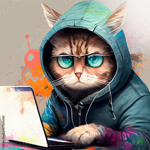 Cat hacker or program develper with laptop watercolor illustration. Funny pet character in goggles and hoodie palying computer game or explore virtual reality. Futuristic kawaii cool domestic animal