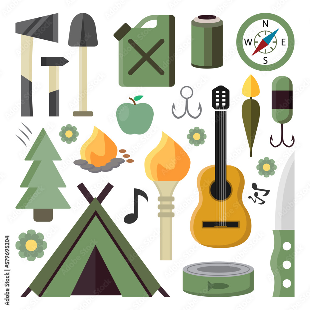 camping, survival in the forest, isolated items. tent, guitar