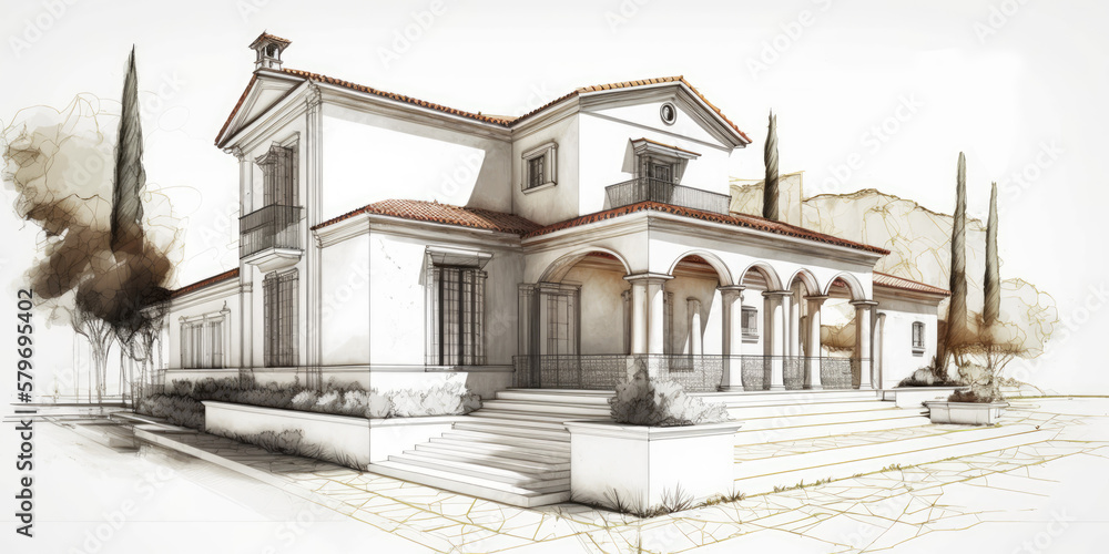 Croquis d'architecture à la main, villa méditerranéenne, avec tuiles et arcades, fond blanc