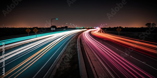 vue d'une autoroute la nuit avec filé de lumières des véhicules
