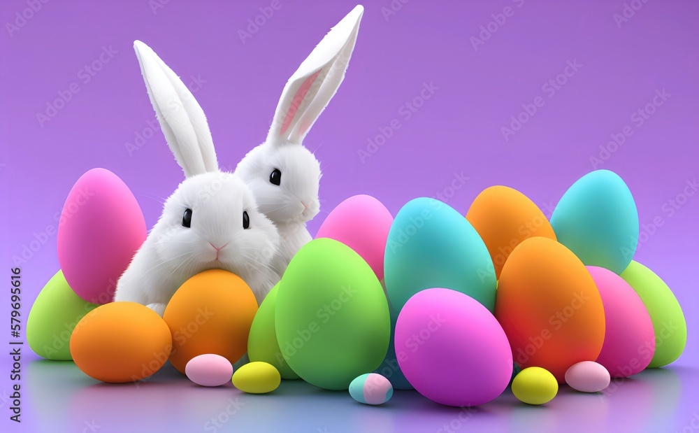 Happy Easter day, Colorful eggs and two bunnies, 3d render 8k Happy Easter day, Colorful eggs and two bunnies, 3d render 8k