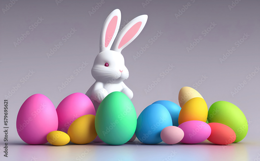 Obraz premium Happy Easter day, Colorful eggs and a bunny, 3d render 8k