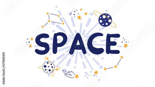 Ready-made banner with the inscription space and a set of space elements, planets, stars, constellations, a flying saucer. Сhildren's illustrations on a space theme, spaceships