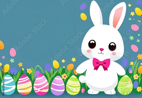 Happy Easter day, Colorful eggs and a bunny, drawing style 8k