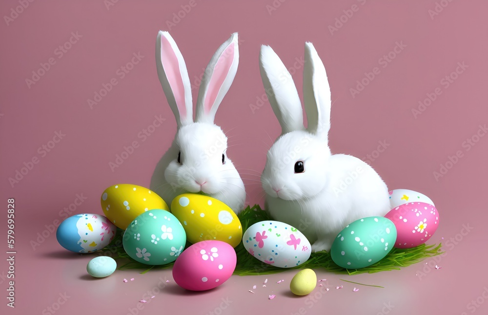 Happy Easter day, Colorful eggs and two bunnies, 3d render 8k
