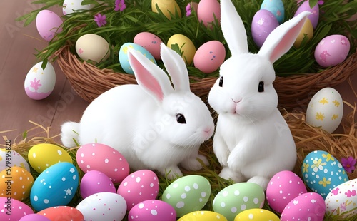 Happy Easter day, Colorful eggs and two bunnies, 3d render 8k