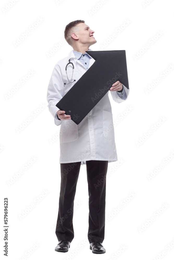 smiling young doctor pointing in the right direction. smiling young doctor pointing in the right direction.