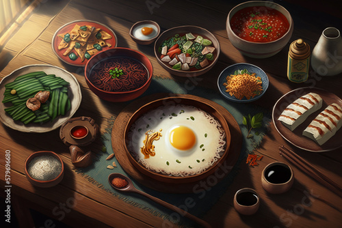 Main korean food on the table egg dish rice feast spice seasoning ingredient photo