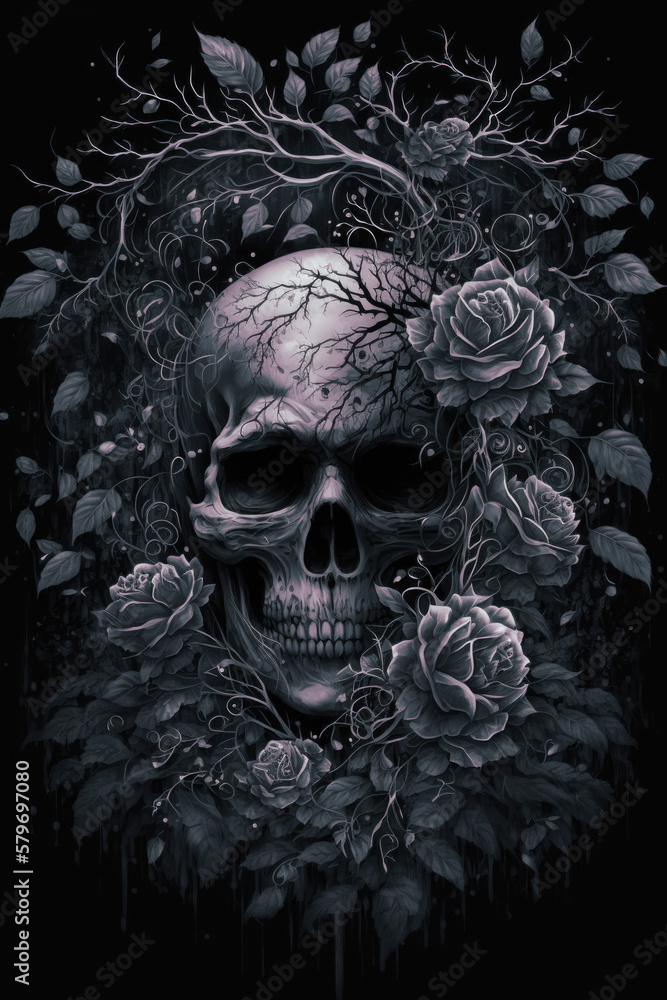 Gothic Skull with Black Roses Dark and Moody Artwork Skull PNG | AI Generated Gothic Skull with Black Roses Dark and Moody Artwork Skull PNG | AI Generated