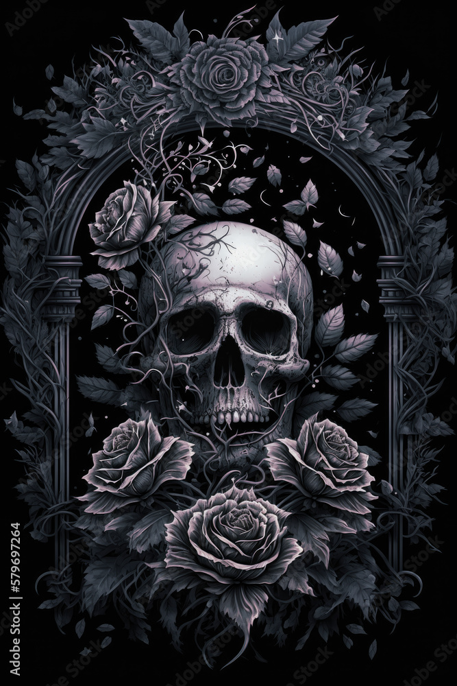 Gothic Skull with Black Roses Dark and Moody Artwork Skull PNG | AI Generated Gothic Skull with Black Roses Dark and Moody Artwork Skull PNG | AI Generated