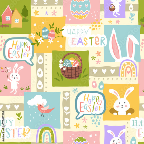 Cute hand drawn Easter seamless pattern with bunnies, flowers, easter eggs, beautiful colorful background, great for Easter Cards, banner, textiles, wallpapers - vector design
