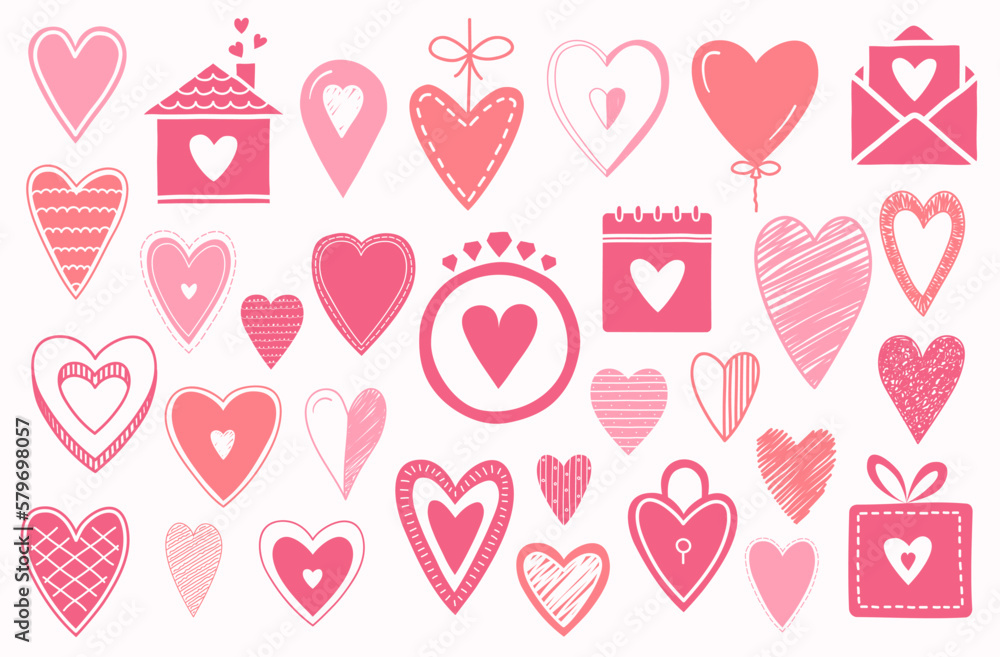 Set of hand drawn red and pink icons with hearts, doodle style