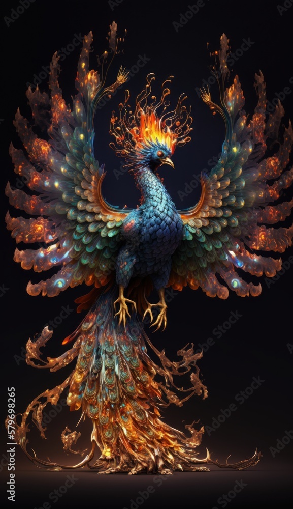 Obraz premium Generative AI of a fantasy peacock on a black background.