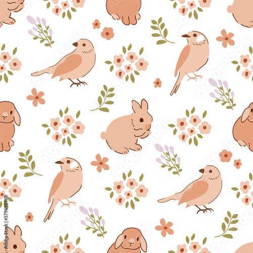 Floral rabbit bunny, birds, tiny flowers seamless pattern. Beige spring floral repeat background. Easter holiday cute cottagecore surface design. Sweet hand drawn bunnies. Native vector illustration © Tani Kuzminka