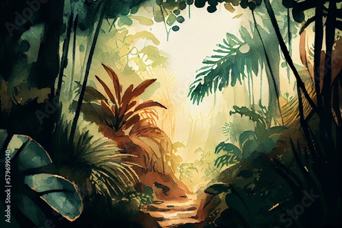 Lush jungles, watercolour style. Generative AI photo