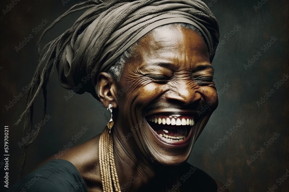 Black woman laughing out loud. This is a Royalty-free fictitious generative AI artwork that doesn't exist in real life.
Black woman laughing out loud. This is a Royalty-free fictitious generative AI artwork that doesn't exist in real life.
