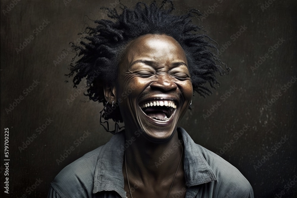 Fototapeta premium Black woman laughing out loud. This is a Royalty-free fictitious generative AI artwork that doesn't exist in real life.