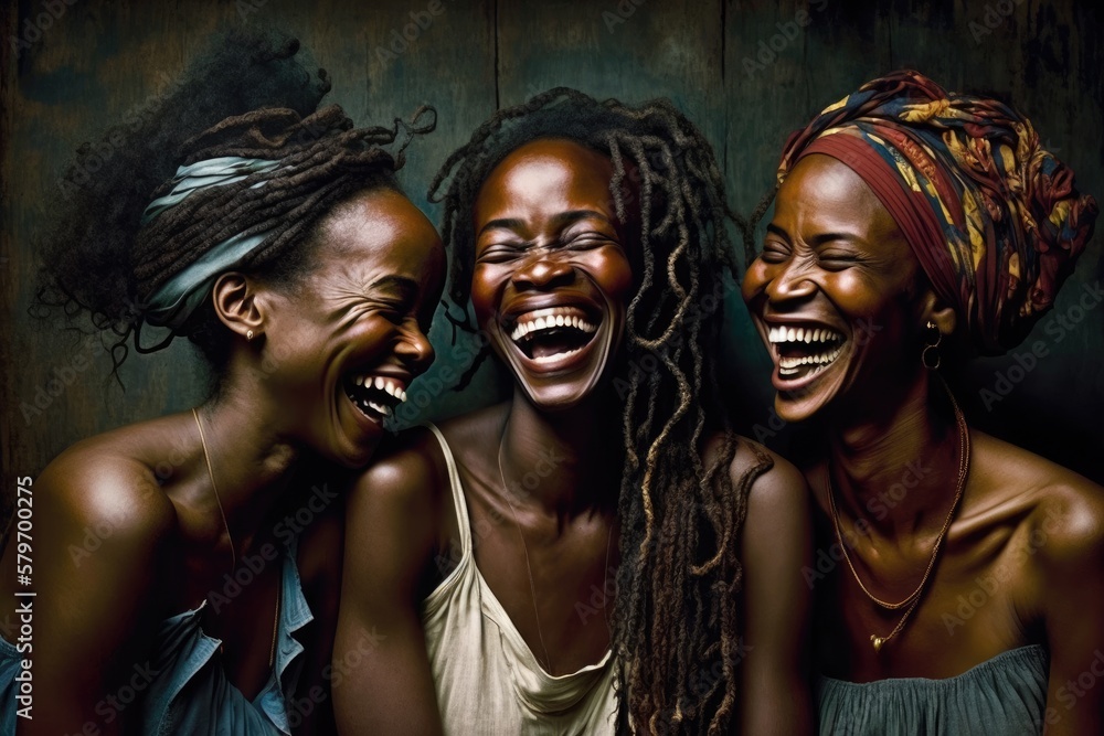 Group of three Black women laughing out loud. This is a Royalty-free fictitious generative AI artwork that doesn't exist in real life.
Group of three Black women laughing out loud. This is a Royalty-free fictitious generative AI artwork that doesn't exist in real life.
