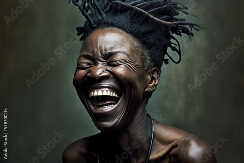 Black woman laughing out loud. This is a Royalty-free fictitious generative AI artwork that doesn't exist in real life. 