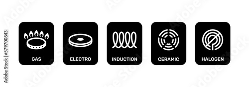 Black icon set electro, gas, induction, ceramic and halogen cooking.eps