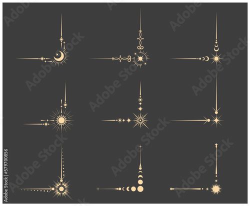 Set of mystical corners and frames borders, magic banners and astrology stars in tarot style, esoteric vignettes, vector