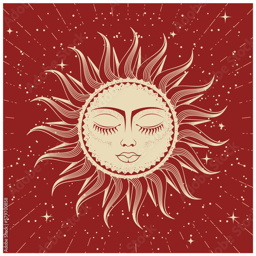 Mystical sun with woman face and eyes closed, astrology, divination and magic, esoteric dreaming sun, vector