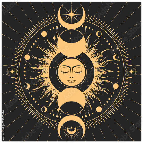 Fotografiet Lunar phase and mystic dreaming sun with closed eyes, astrology symbol, sun with