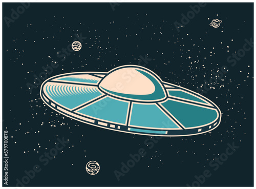 UFO in open space, alien space ship, extraterrestrial flying saucer, ufo disk in cosmos, vector