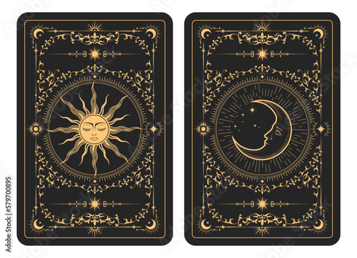 The reverse side of a tarot cards batch, pattern with mystic sun and moon, esoteric symbols of half-moon and astrology, vector photo