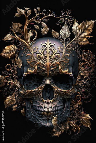Gothic Skull with a Touch of Gold - Dark and Glamorous Artwork | Skull PNG | AI Generated 