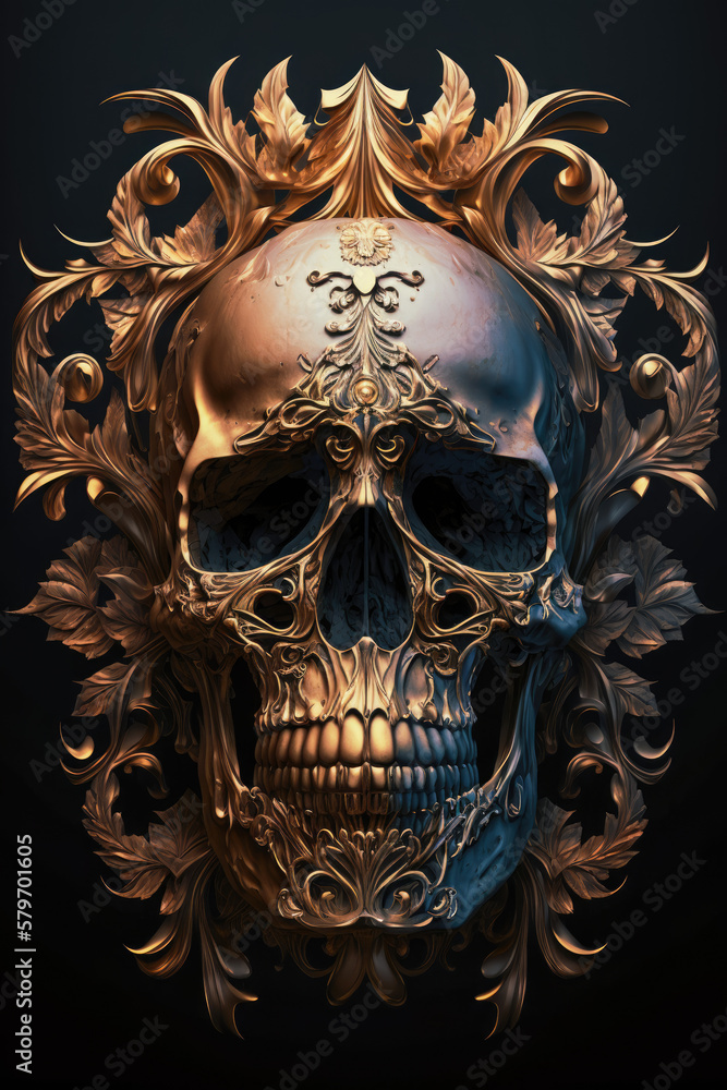 Gothic Skull with a Touch of Gold - Dark and Glamorous Artwork | Skull PNG | AI Generated
