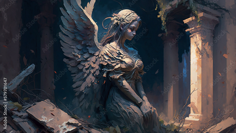 Angel by the wings made of stone sitting in the lost temple, Digital Art Style, Generative AI