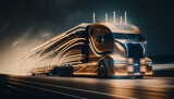 Futuristic LED lights truck driving at night. Black and gold. Generative AI.