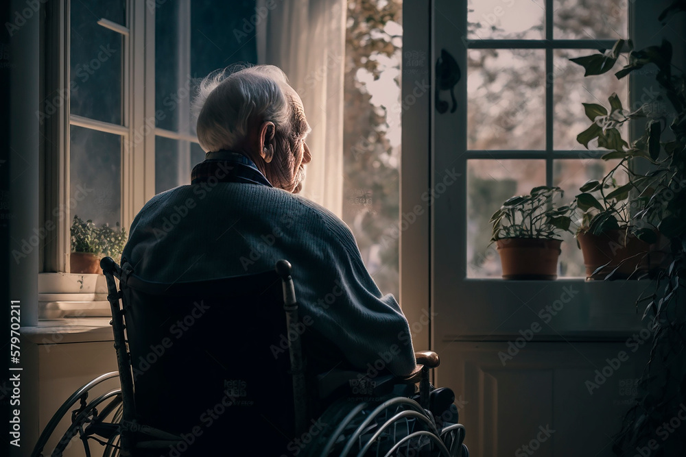 Elderly Man In Wheelchair Sitting Outside Nursing Home Stock Photo