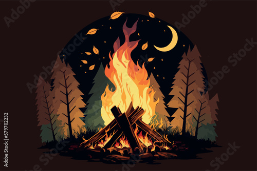 Campfire in the forest in the night. Vector illustration of fire in the nature. Traveling illustration. Holiday camp, cartoon style landscape. Mountain vacation. Bonfire in the wood for picnic. 