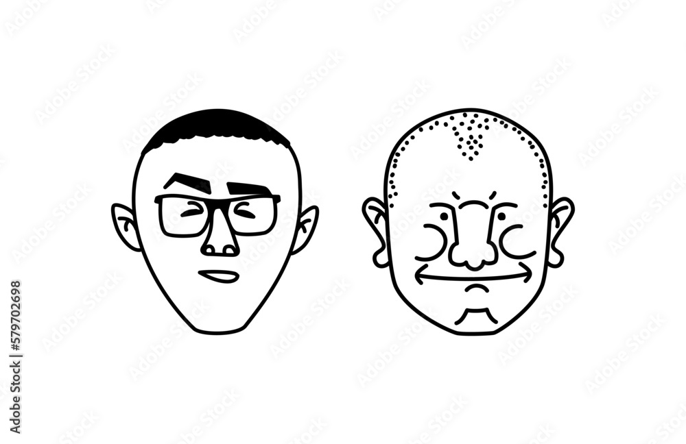 Cartoon man face. Senior, mature adult people, diverse characters set, different shapes. Funny person. Collection of facial expressions. Vector line hand drawn sketch Illustration Cartoon man face. Senior, mature adult people, diverse characters set, different shapes. Funny person. Collection of facial expressions. Vector line hand drawn sketch Illustration