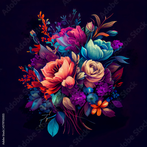 Colorful bouquet of flowers on dark background. illustration. Generative AI
